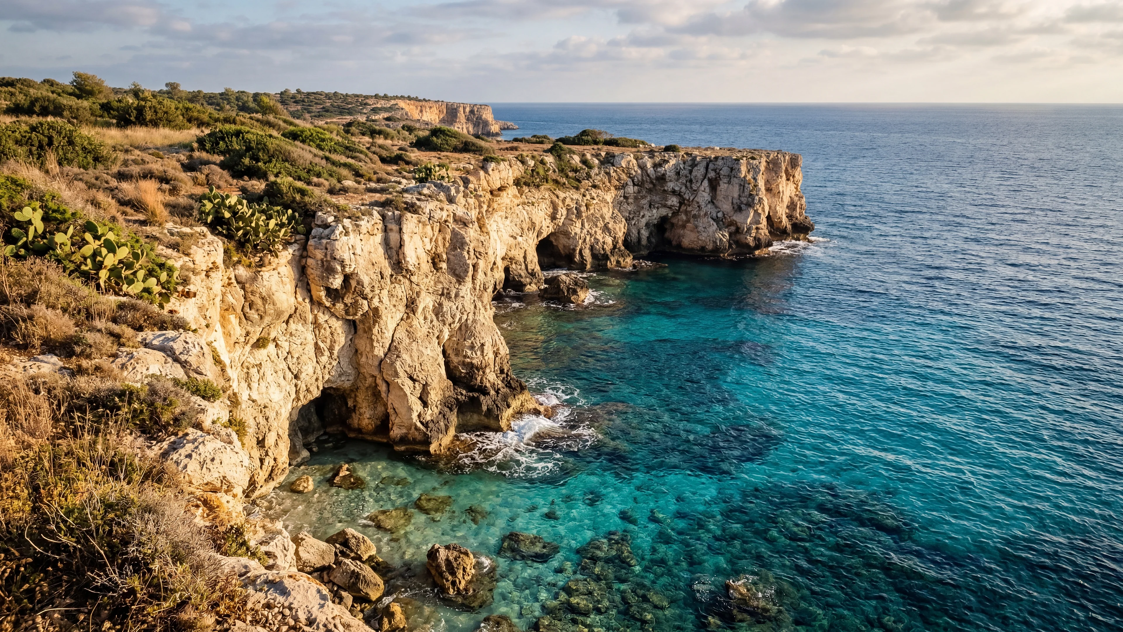 Dramatic coastal cliffs with turquoise Mediterranean water in Paphos